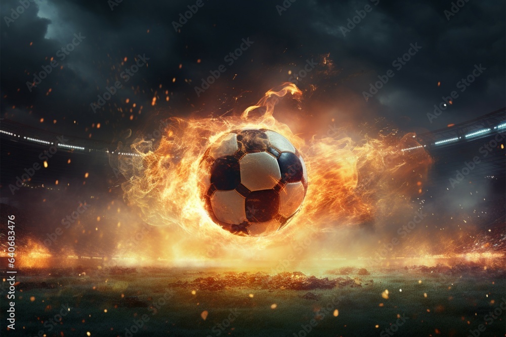Soccers fire, A powerful kick propels the ball in a stadium