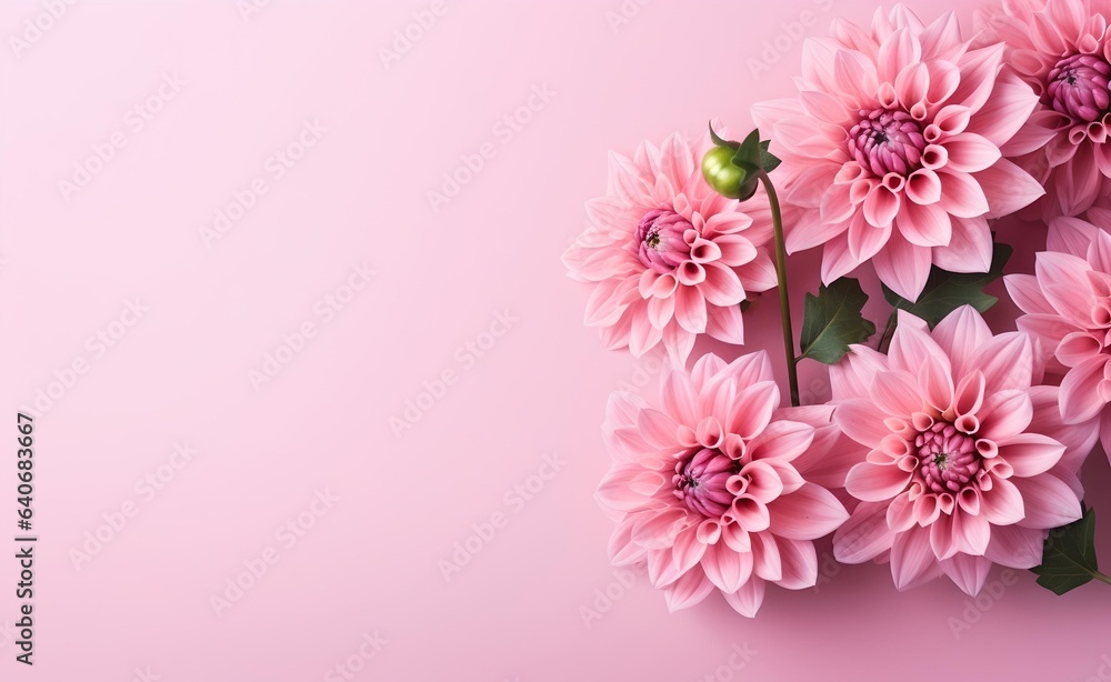 A bouquet of pink dahlia flowers on pink background top view in flat lay style.