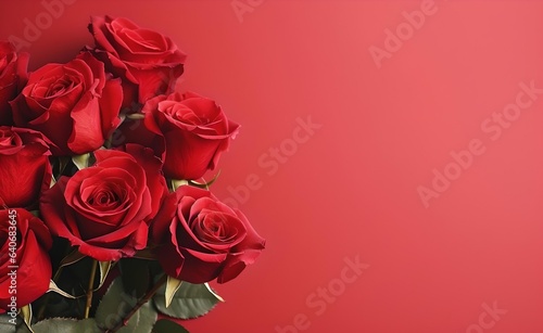 A bouquet of red roses on red pastel background in flat lay style.