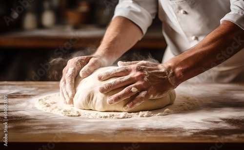 Bakery flour rolling hands prepare dough for pizza pasta food meal restaurant.