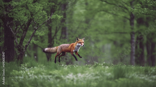 Red Fox jump hunting, Vulpes vulpes, wildlife scene from Europe. Orange fur coat animal in the nature habitat. Fox on the green forest meadow.