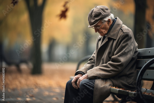 Sad senior man sitting alone on a bench in city park on autumn day. Elderly man enjoying nice fall weather.