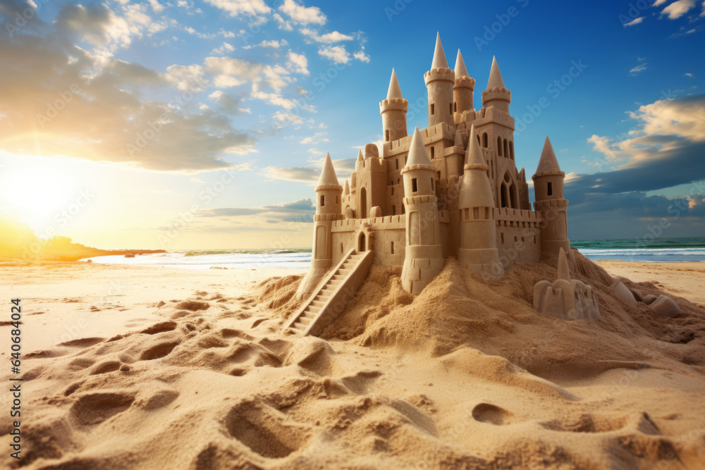 Grand sand castle on the tropical beach on sunny summer day. Beach holiday concept. Grand sand castle on the tropical beach on sunny summer day. Beach holiday concept.