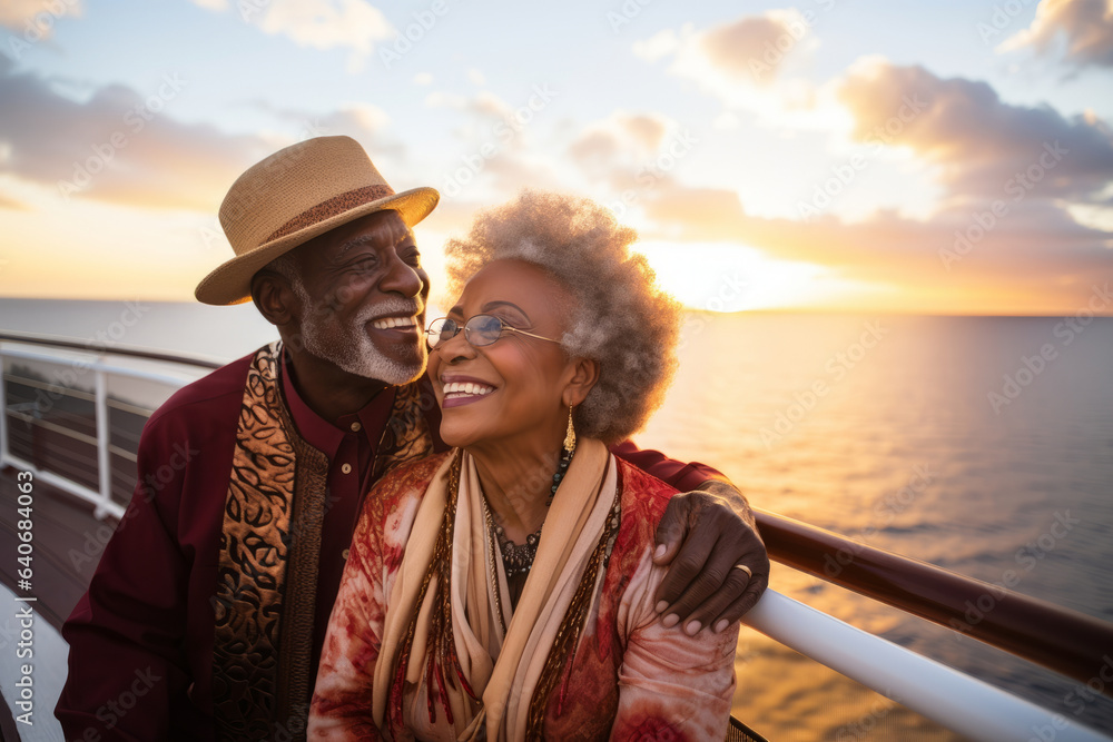 Beautiful retired senior couple enjoying cruise vacation. Senior man and woman having fun on a cruise ship. Old man and old lady travelling by sea.