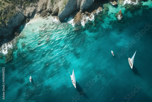 Aerial view of white yachts sailing in turquoise lagoon. Travelling and holiday concept.