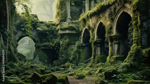 Enchanted Castle Ruins Overgrown with Moss and Ivy
