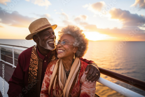 Foto Beautiful retired senior couple enjoying cruise vacation
