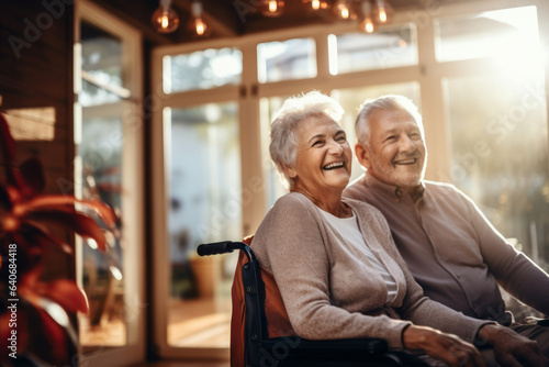 Beautiful loving couple in a retirement home. Senior man in a wheelchair laughing happily with a senior lady in a nursing home. Housing facility intended for the elderly people.