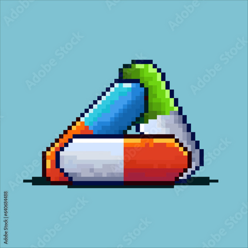 Pixel art sets of pill for medicine items. blue orange,white orange,and green white pill on pixelated style.Pixel art,8bits perfect for game asset or design asset element for your game design asset.