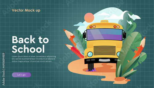 Back to school. Web banner with school bus on road, green checkered chalkboard background