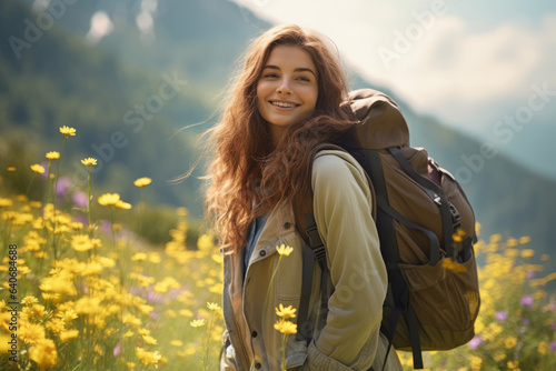 Female hiker standing in flowering alpine meadow and admiring a scenic view from a mountain top. Adventurous young girl with a backpack. Hiking and trekking on a nature trail.