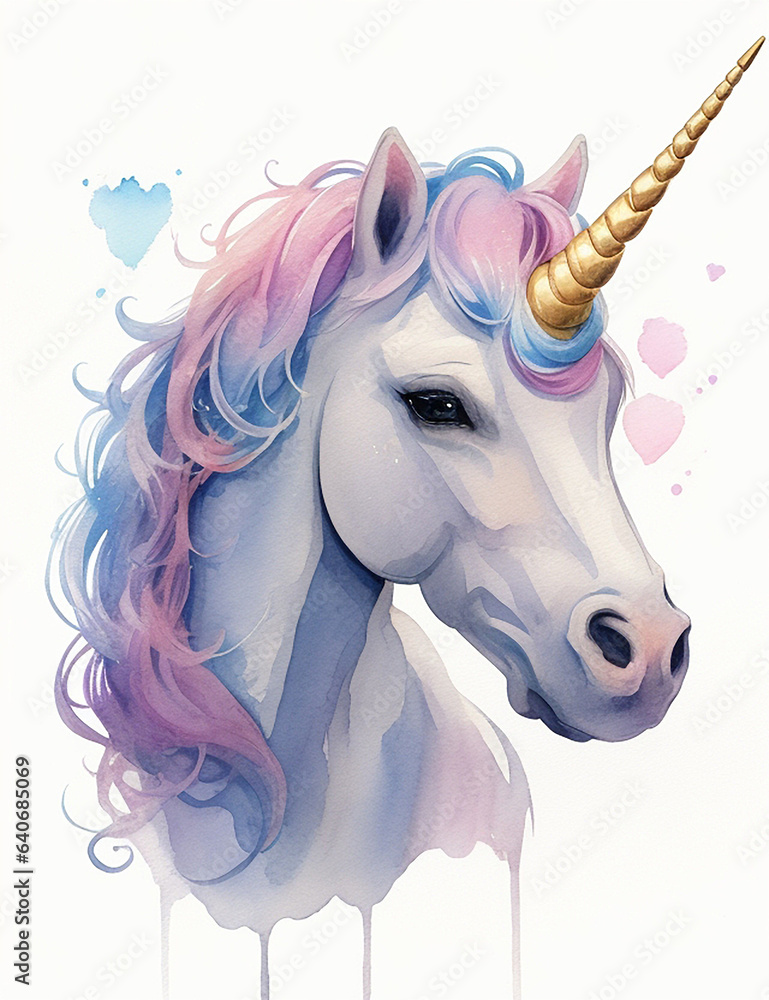 Watercolor Cute Unicorn. Generative AI