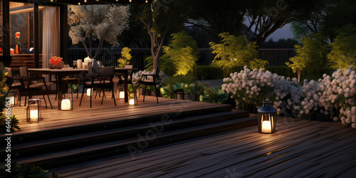 wooden deck with an attractive garden design, generative AI © Kien