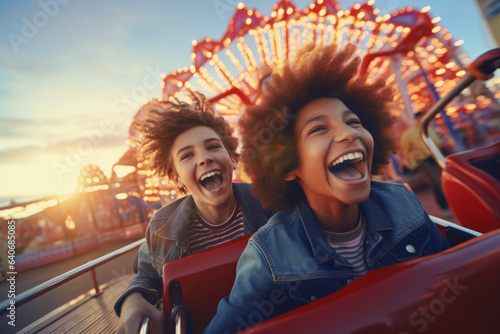 Excited teenage children laughing and riding a carousel carnival ride merry-go-round in amusement park during festival. Family leisure with kids.