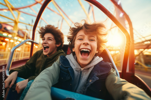 Fotografia Excited teenage children laughing and riding a carousel carnival ride merry-go-round in amusement park during festival