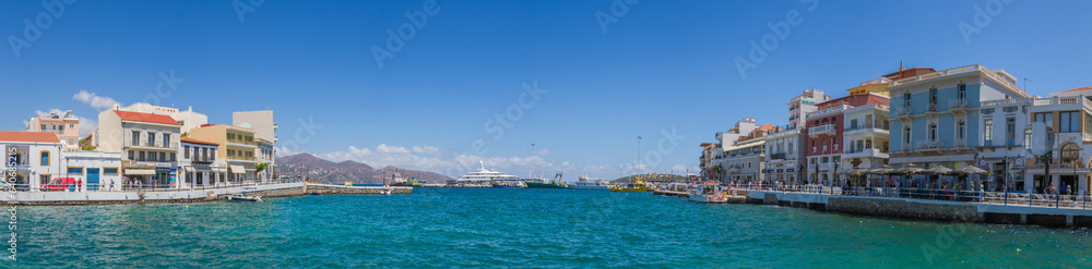 Panoramic view of the harbor with Mediterranean sea at Agios Nikolaos, Crete, Greece