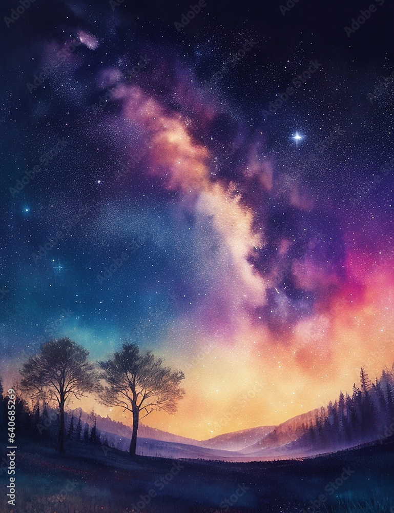 Fototapeta premium Watercolor Magic Starry Night. Generative AI