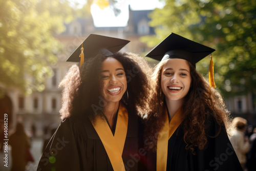 Two college graduates wearing graduate caps celebrating on sunny day. Beautiful young people in a colege yard. Education for young people. photo