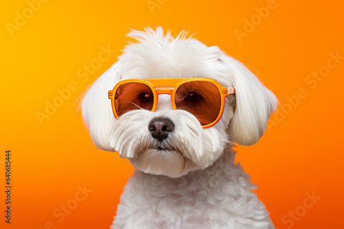 White dog wearing orange sunglasses on orange background. © MNStudio