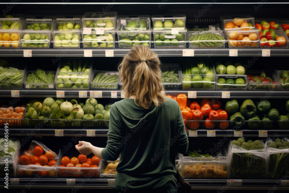 Young woman in grocery store. Girl choosing fruits and vegetables in food shop. Person buying food in grocery supermarket.