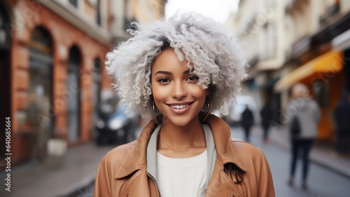 Young mixed woman with afro hairstyle smiling in urban background.