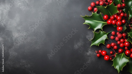 Christmas holly isolated on gray background with space for copy text