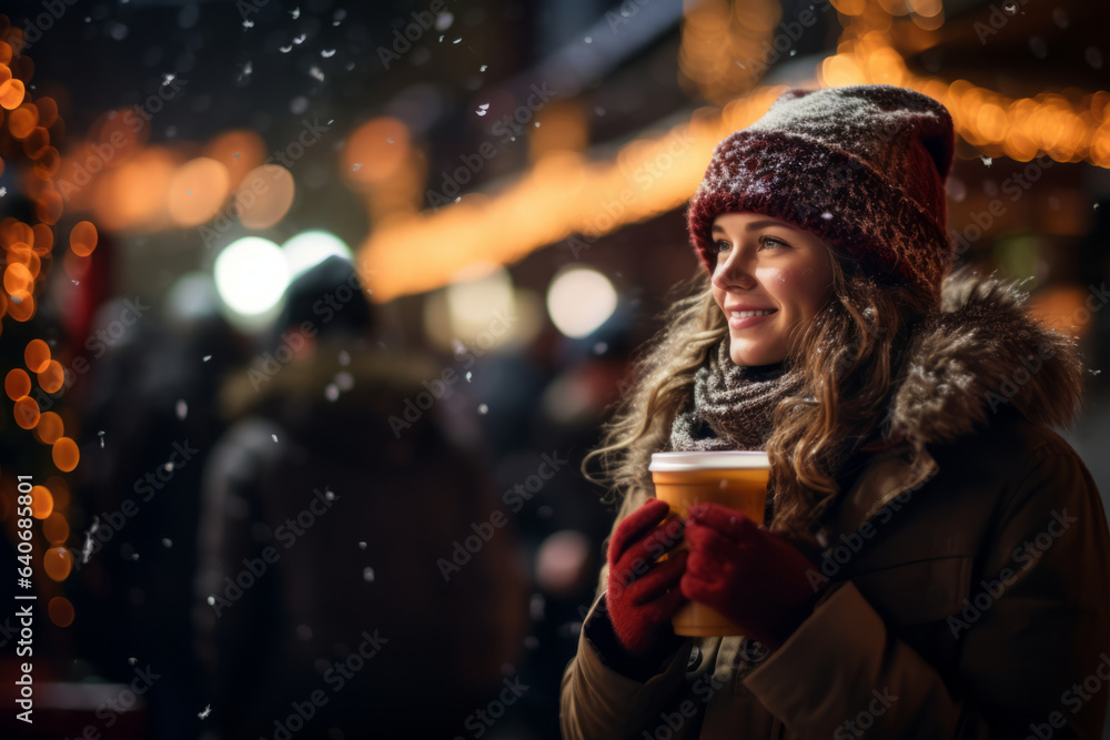 Beautiful girl having wonderful time on traditional Christmas market on winter evening. Young woman enjoying herself in Christmas town decorated with lights.