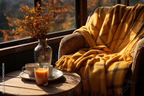Murais de parede Cozy warm autumn composition with cup of hot tea, burning candle, open book and pumpkins on wooden background