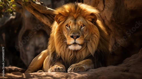 Regal lion resting under the shade of a rock