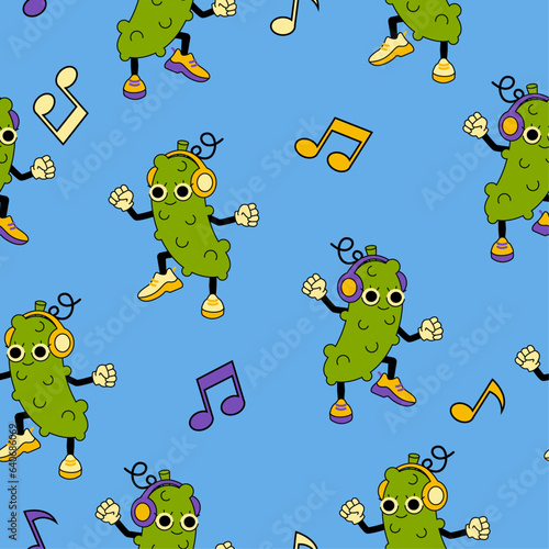Seamless cute pattern with a dancing pickle in headphones. Vector graphic.