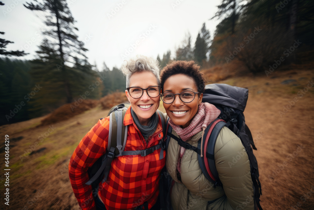 Cheerful interracial lesbian couple hiking in the wild on sunny autumn day. Two women admiring a scenic view. Adventurous people with backpacks. Hiking and trekking on a nature trail.