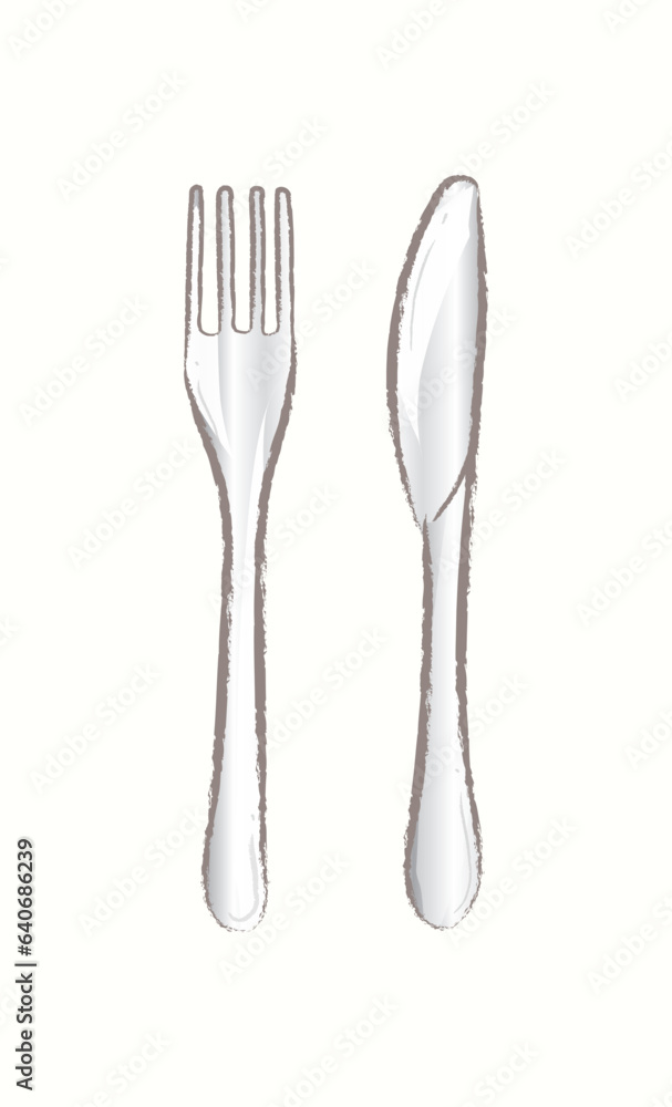 One fork and knife in simple cartoon illustration One fork and knife in simple cartoon illustration
