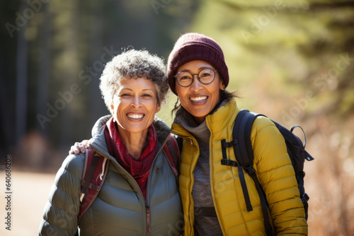 Cheerful interracial lesbian couple hiking in the wild on sunny autumn day. Two women admiring a scenic view. Adventurous people with backpacks. Hiking and trekking on a nature trail.