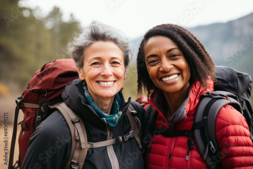 Cheerful interracial lesbian couple hiking in the wild on sunny autumn day. Two women admiring a scenic view. Adventurous people with backpacks. Hiking and trekking on a nature trail.