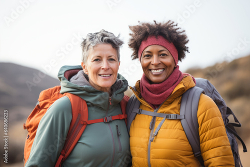 Cheerful interracial lesbian couple hiking in the wild on sunny autumn day. Two women admiring a scenic view. Adventurous people with backpacks. Hiking and trekking on a nature trail.