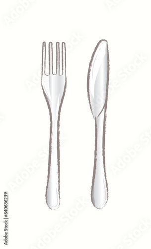 One fork and knife in simple cartoon illustration