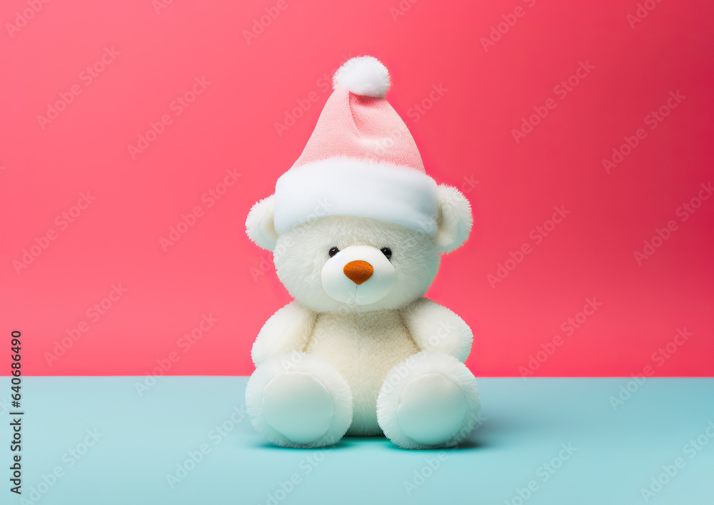 A cuddly white teddy bear wearing a festive santa hat stands as a cheerful reminder of childhood innocence and the joys of wintertime indoors