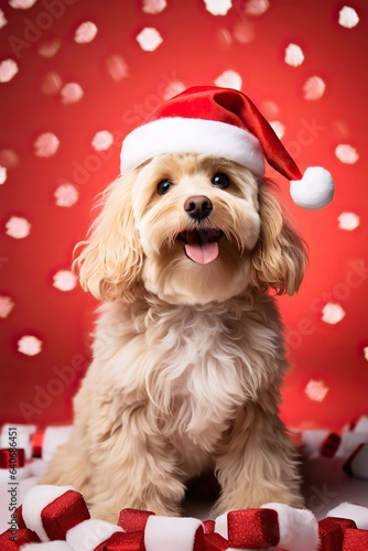 This happy yorkipoo puppy wearing a festive santa hat brings a joyful and playful energy to the start of 2024, celebrating the new year with love and joy