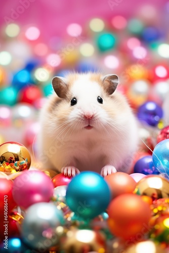 As the clock strikes midnight on new year's eve 2024, a cheerful mouse from the muridae family scampers among a vibrant pile of indoor balls, signifying a fresh start for the upcoming year