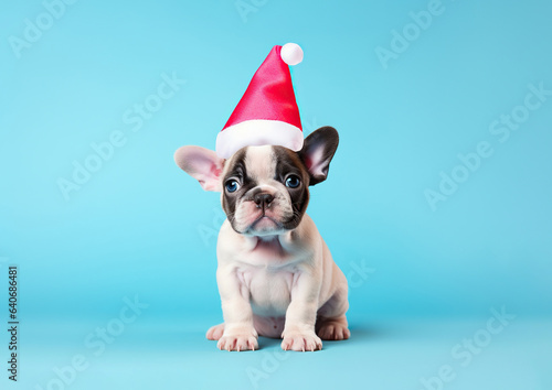 On the first day of 2024, a happy bulldog wearing a festive santa hat joyfully welcomed the new year, its snout and animal spirit a reminder of the happiness that awaits us photo