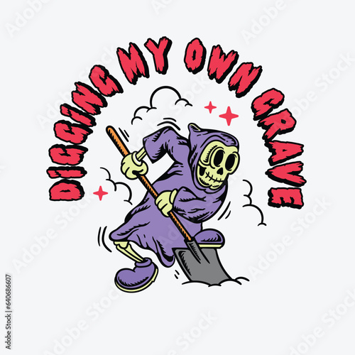illustration of a skull character digging his own grave