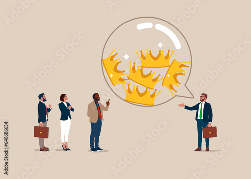 Speech bubble filled with Crowns. Business people talk or have lively discussion. Flat vector illustration