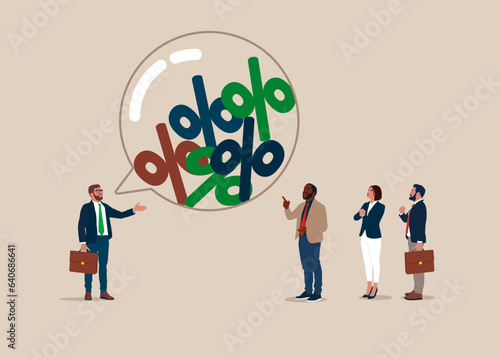 Speech bubble filled with percentage. Business people talk or have lively discussion. Interest, financial and mortgage rates. Flat vector illustration
