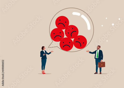 Speech bubble filled with sad emoticon, no happiness. Negative attitude. Flat vector illustration