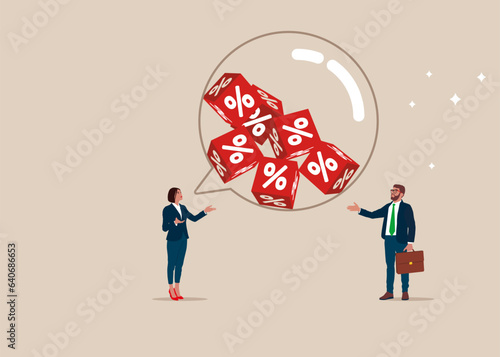 Partners have lively discussion. Speech bubble filled with cube blocks with percentage symbol icon. Interest, financial and mortgage rates. Flat vector illustration