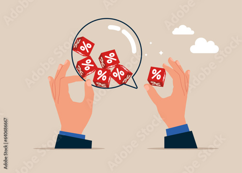 Interest rates and financial rates. Partners have lively discussion. Speech bubble filled with cube blocks with percentage symbol icon. 