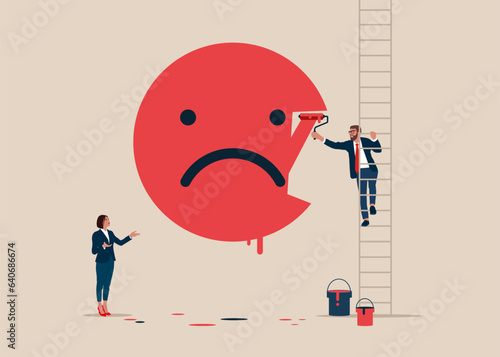 Businessman climb up ladder to paint of sad emoticon. Job no satisfaction, company no benefit. Vector illustration