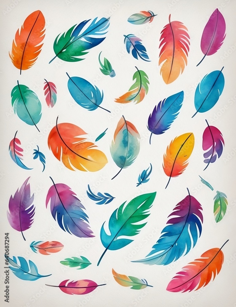 Clipart set of multicolored watercolor feathers isolated on white background. Cute gradient feathers in different shapes and sizes.