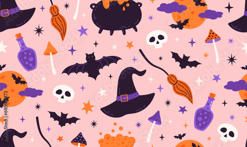 Cute Halloween seamless pattern. Magic cauldron, hat, mushrooms, poison, hat witch, bat, skull. Pink background. Kids print.