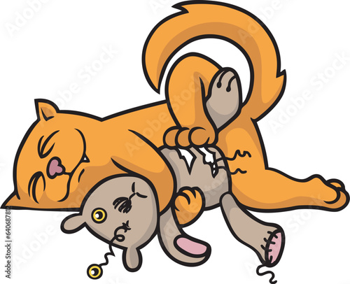 Cartoon: verspielte Katze liegt und schläft zufrieden mit einem kaputten Teddy als Spielzeug und Kuscheltier